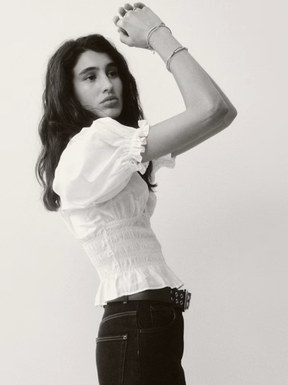 H&M White Smocked Peplum V-Neck Puff Sleeve Blouse - Picture 4 of 9